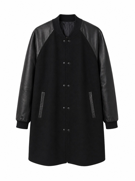 no tag Jackets & Blazers - Women’s Black Varsity Bomber Wool Coat With Leather Sleeves. Bust-40 inches